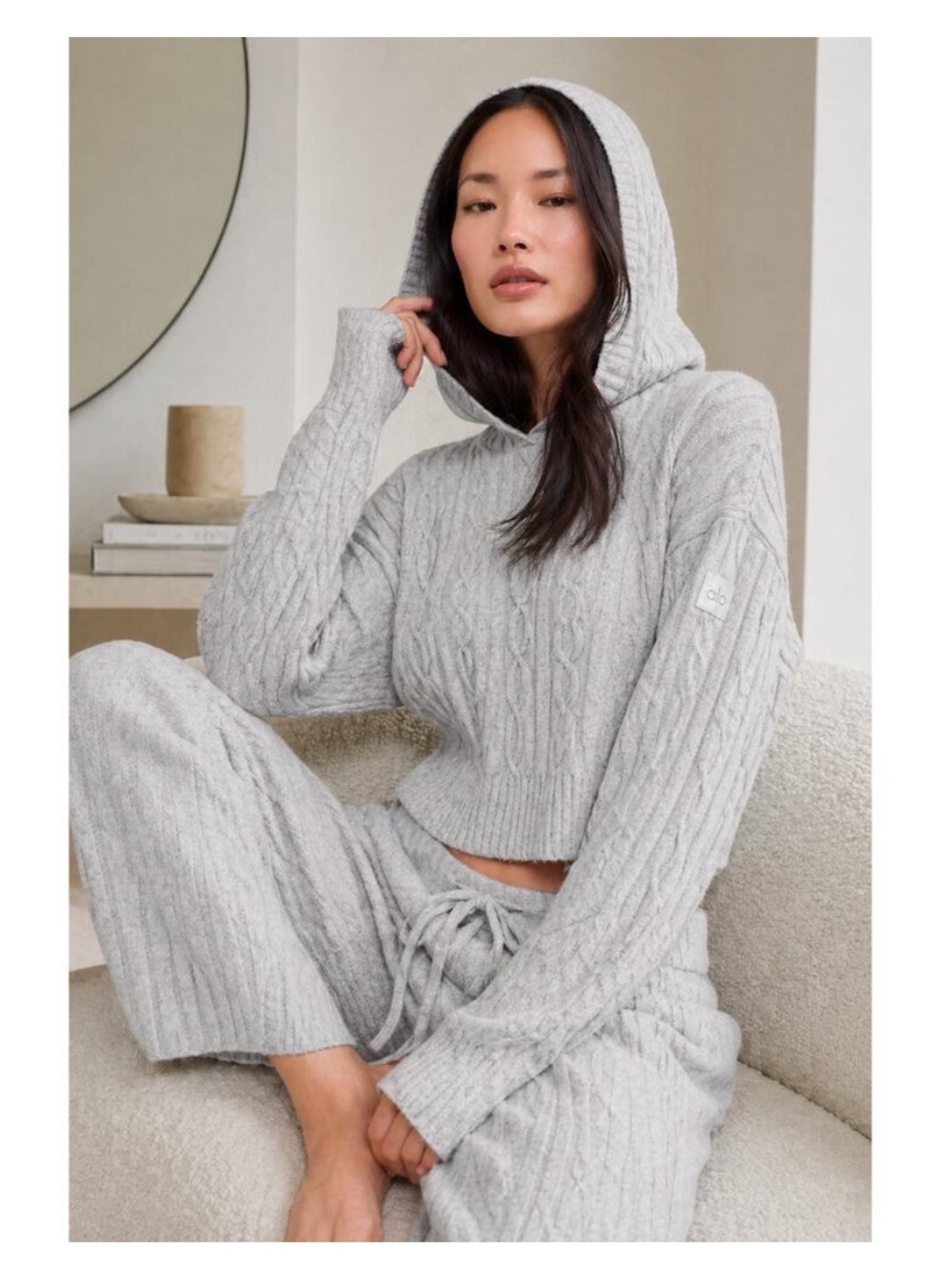 ALO Yoga Light Gray Cable Cropped Winter Bliss Knit Hoodie